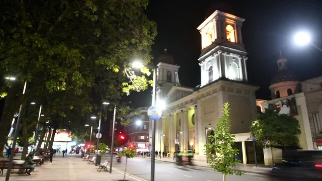 argentina tucuman  providence facade of cathedral  catholic cacade at night light