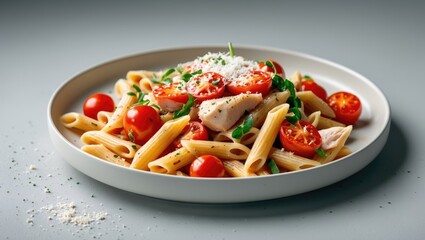 Chicken, cheese, and tomato red sauce on penne pasta arranged on a white plate with a light background.