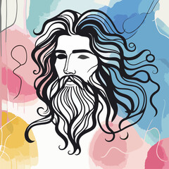 Elderly Man withA detailed hand-drawn illustration of an elderly man with long flowing hair and a full beard, set against a soft watercolor background. The expressive lines and wrinkle Long Hair an...