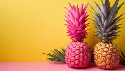 two vibrant pink pineapples on bright yellow background bold tropical art