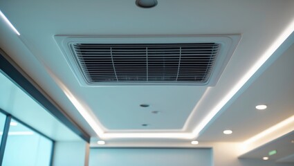 Cassette-type air conditioner mounted on the ceiling alongside a modern ceiling light. Ducted AC for residential or commercial use.