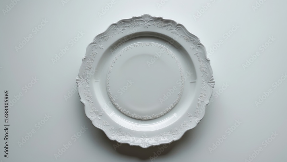 Poster isolated empty vintage porcelain plate cutout with a floral design on a textured background. elegant