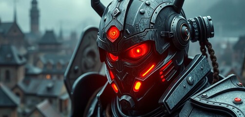 Fototapeta premium Red-eyed armored figure, futuristic medieval design, historical town background, hooded figure, gothic