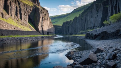 Scenic river valley with steep basalt cliffs and vibrant reflections, highlighting the breathtaking beauty of nature's terrain