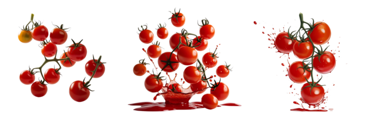 Set of different falling ripe cherry tomatoes out of it isolated on a transparent background.