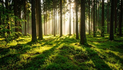 Naklejka premium Forest background with morning sunlight shining through the gaps in the trees