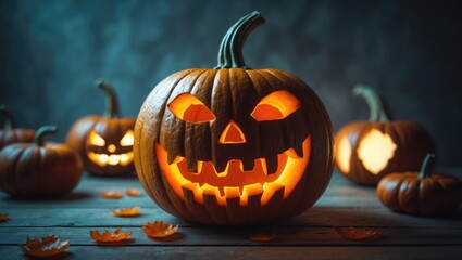 Pumpkin head for Halloween. Illuminated jack-o'-lantern against a dark backdrop