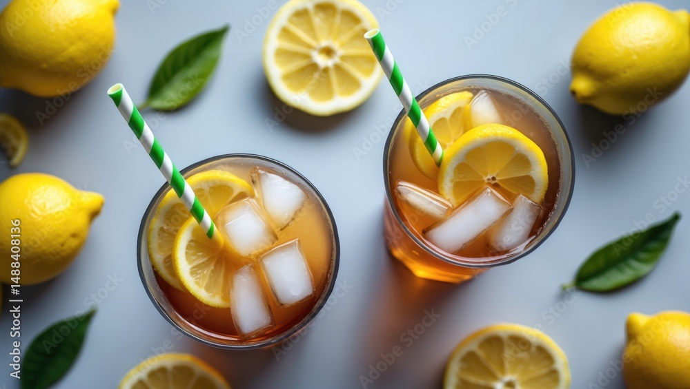Poster iced lemon tea on a grey background - overhead view
