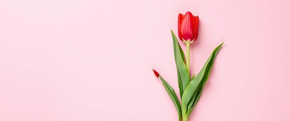 Obraz premium Red tulip & paintbrush on pastel pink background Minimal spring floral flatlay, bloom, springtime