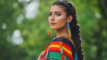 A young woman with long, braided hair wearing a colorful, traditional Mexican dress, standing in a lush, green outdoor setting with a blurred background.