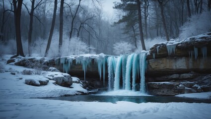 Park scenery with a frozen waterfall