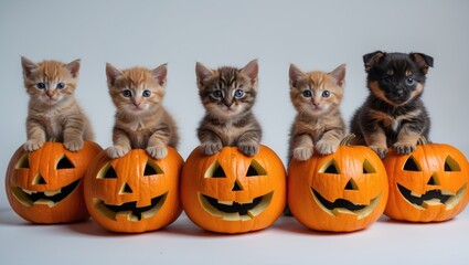 A row of charming puppies and kittens on six intricately carved pumpkins. Isolated on a white surface.