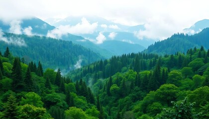 Obraz premium Lush green forest, majestic misty mountains, watercolor wash, vibrant nature scene, grand, view