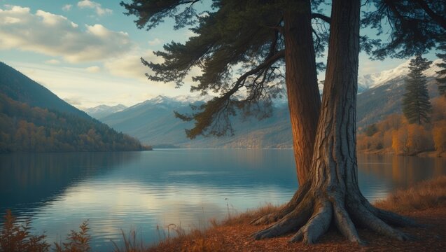 Massive ancient cedar tree overlooking the lake with autumn mountains in the background