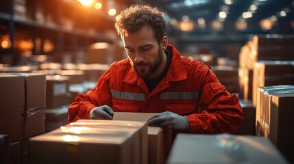 Warehouse worker inspecting boxes