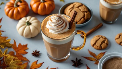Breakfast featuring Pumpkin Spice Latte and Cinnamon Bun on a light grey backdrop.