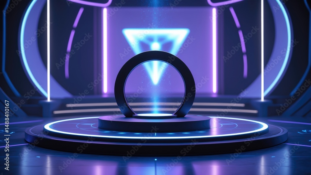 Aufkleber Virtual reality GUI and UI. Ray stage for presentation. Futuristic portal and hologram science. Showcase display. Advanced stage with illuminated HUD projector. Magical gateway in fantasy gaming.