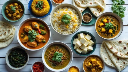 Variety of dishes and appetizers on a white wooden surface, overhead view. Chicken, curry rice, lentils, paneer, chapati, and spices.