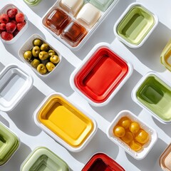 Colorful Array of Food Containers Displayed Over a White Background Featuring Various Ingredients Such as Fruits, Vegetables and Sauces Ideal for Culinary Use