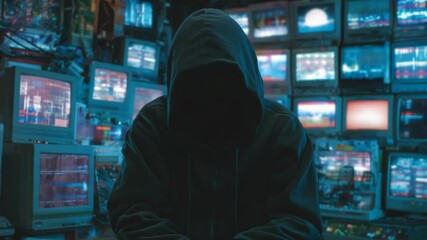 Mysterious hooded figure surrounded by vintage computer monitors displaying digital information in a dimly lit room, evoking themes of hacking and surveillance. - Powered by Adobe