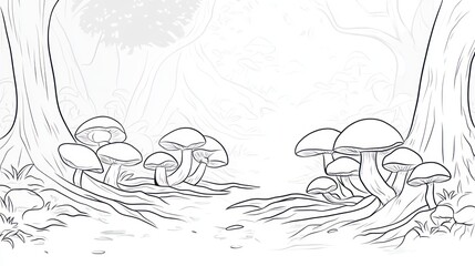 Fototapeta premium Forest scene, mushrooms, trees, background illustration, design element, vector art, black and white, line drawing