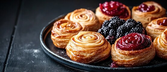 Assorted Pastry Swirls with Berries on a Dark Plate