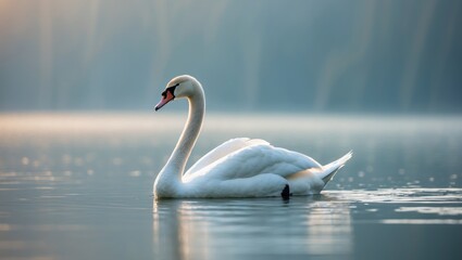 Peaceful lake landscape featuring a white swan