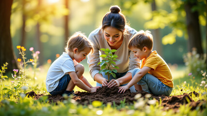 Fototapeta premium Family Gardening Teaching Kids About Nature and Growth