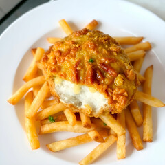 Crispy chicken breast stuffed with cheese, served with french fries Crispy chicken breast stuffed with cheese, served with french fries