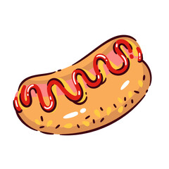 Hot dog with ketchup and mustard, vector illustration in cartoon doodle style. Tasty fast food snack. Hand drawn, bright and fun design for menu, sticker, poster, or kids project.
