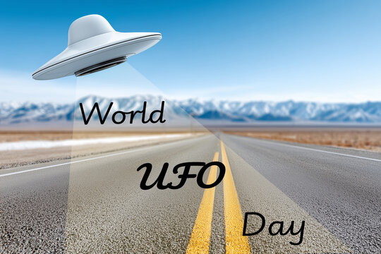 Classic white ufo flying over a desert highway, projecting the words world ufo day onto the asphalt, with majestic snowy mountains rising in the background, creating a striking scene