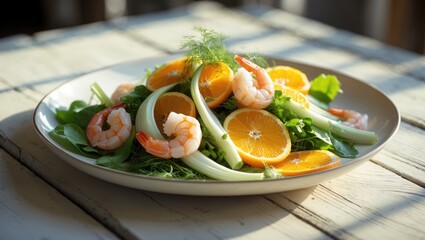 Salad plate featuring fennel, orange, and shrimp on a light table