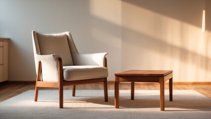 Contemporary living room featuring an armchair and a small wooden coffee table. Scandinavian style furniture design.