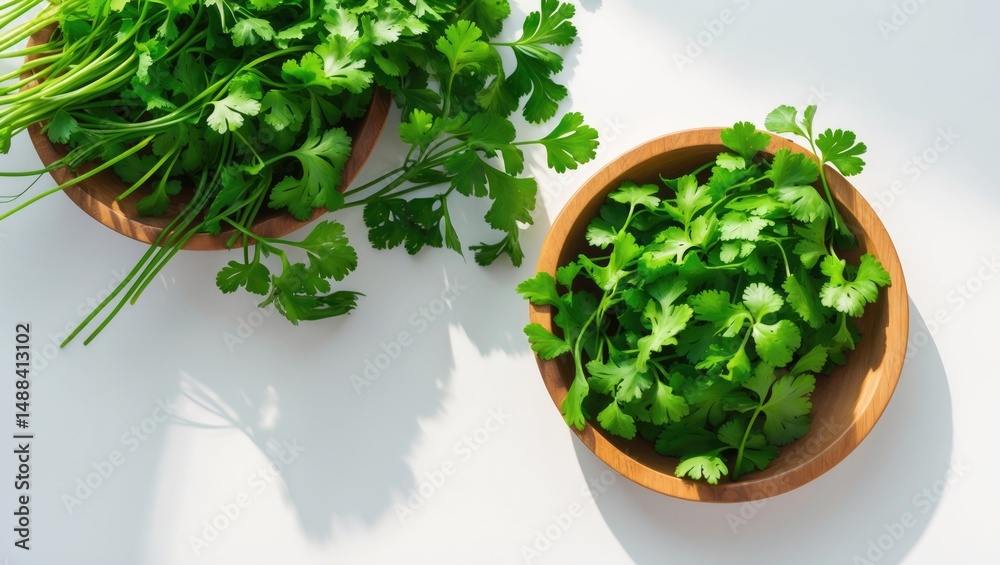 Poster parsley separated on a white backdrop. aerial view. parsley foliage with text space. herbs set again
