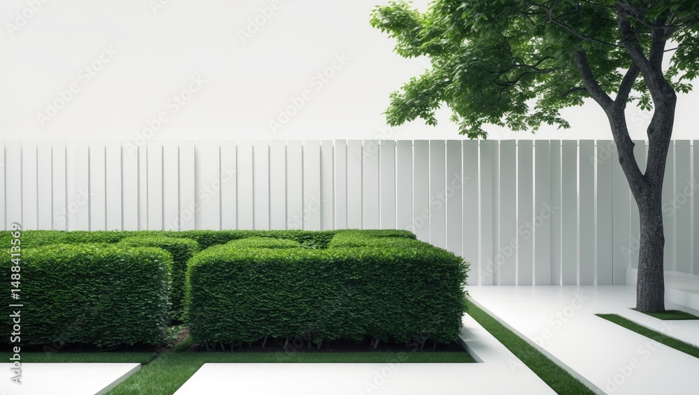 Poster a tree fence wall positioned against a white background. in perspective, a bush or shrub with trimme