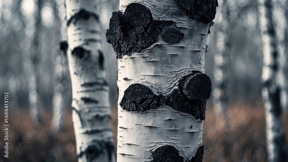 Poster natural background with birch tree pattern and detailed bark close-up.