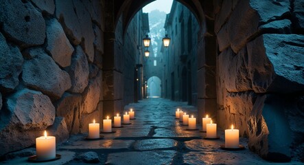 Wall mural stretching across cold stone with candlelight glow