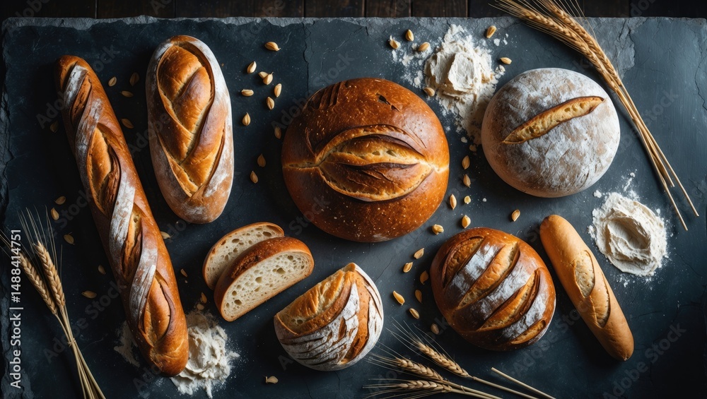 Poster Assorted wheat and flour breads placed on a stone table captured from a top view flat lay with space
