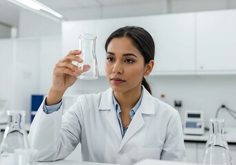 Female Scientist Examining Glassware in Lab
