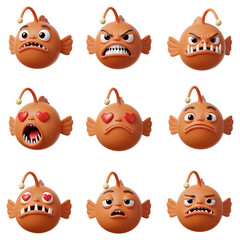 Set of digital fish characters with various emotions