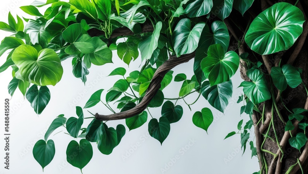 Poster fiddle leaf philodendron, a jungle liana with lush green leaves climbing on trees, featured against 