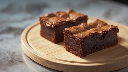 Two brownies resting on a wooden base, set against a backdrop