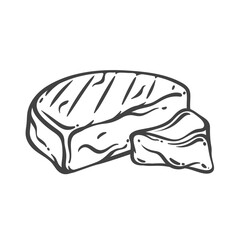 Whole camembert cheese with cut slice in engraved doodle style. Hand drawn soft creamy product. Vector illustration for menu, recipe, or packaging.