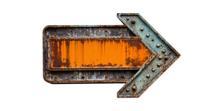 Rusty Metal Arrow Sign. Vintage Industrial Directional Symbol Isolated On Transparent Background