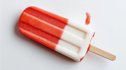 Colorful frozen treat popsicle on a wooden stick with bright red and creamy white layers