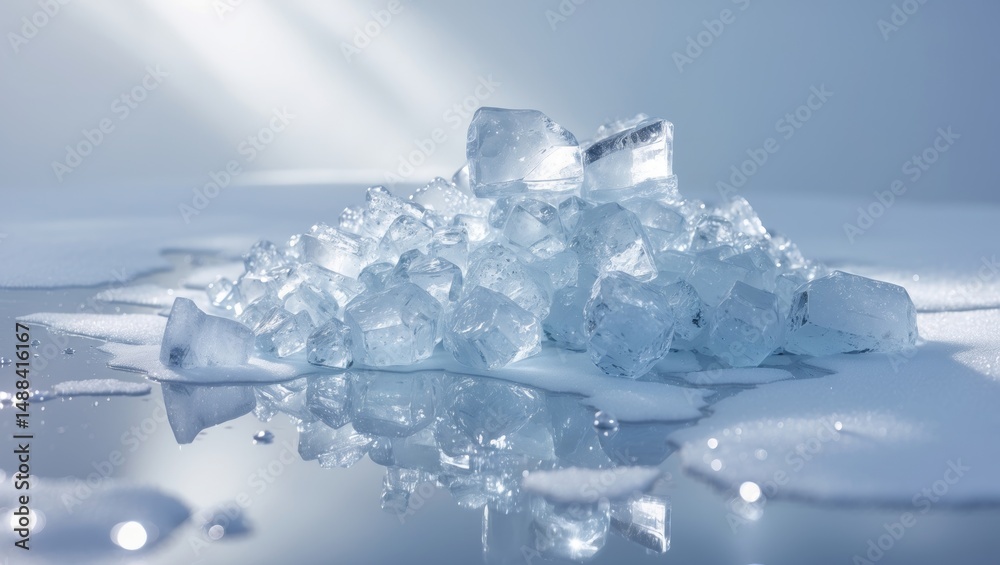 Aufkleber lucid collection of crushed ice, with melting ice cubes on a glossy surface backdrop.