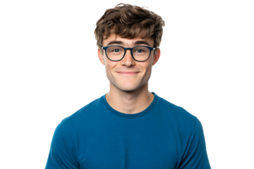 Handsome guy in a blue t-shirt wearing glasses, smiling at the camera placed on white or transparent background