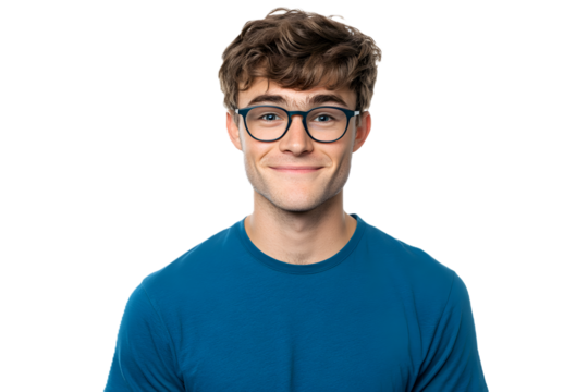 Handsome guy in a blue t-shirt wearing glasses, smiling at the camera placed on white or transparent background