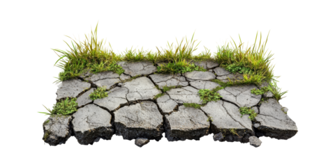 Cracked Asphalt With Grass And Weeds. Nature Reclaiming Urban Spaces And Environmental Resilience Isolated On Transparent Background