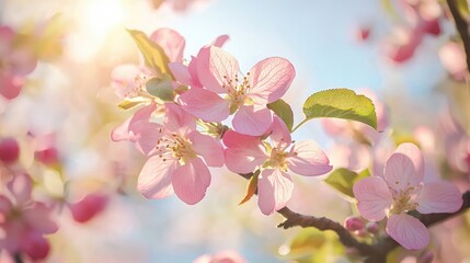 Naklejka premium Close-Up of Delicate Pink Apple Blossoms in Spring Sunlight